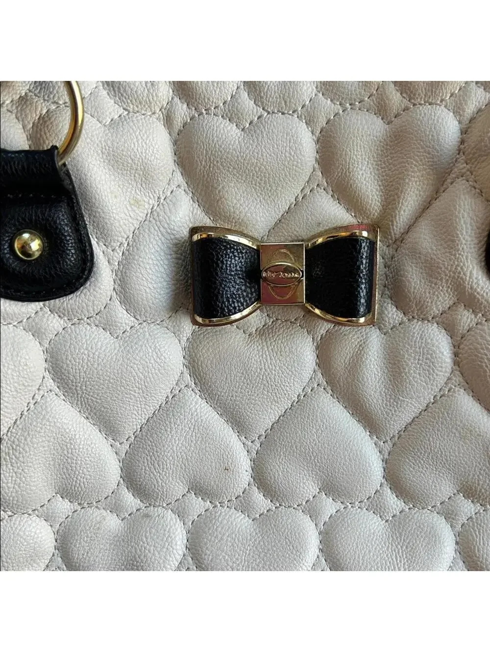 Betsey Johnson White Heart Quilted Satchel with Black Handles